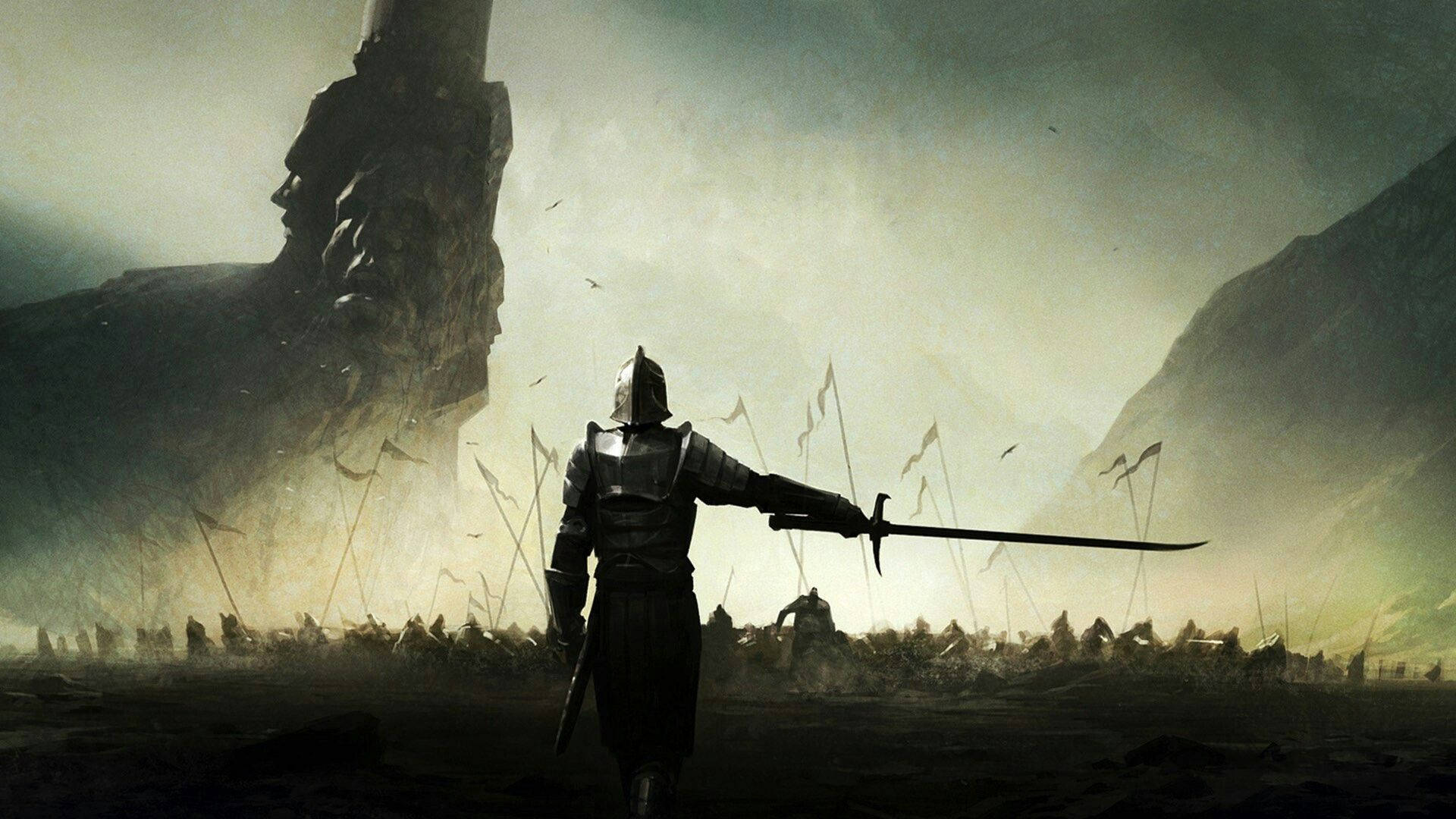 Warrior In Metal Armor Holding Sword Wallpaper