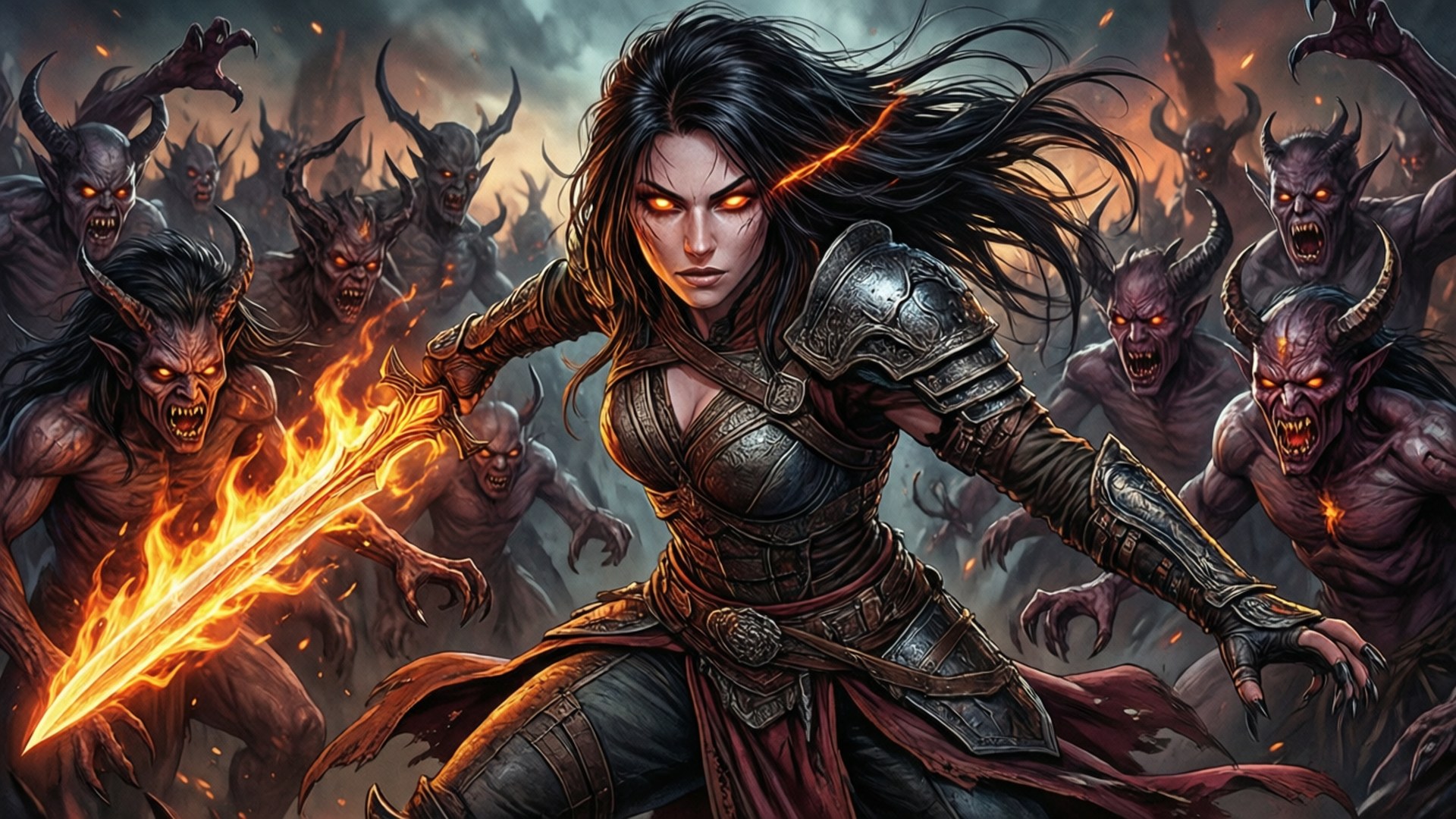 A female warrior fights demons with a flaming sword in a dark fantasy battle. wallpaper