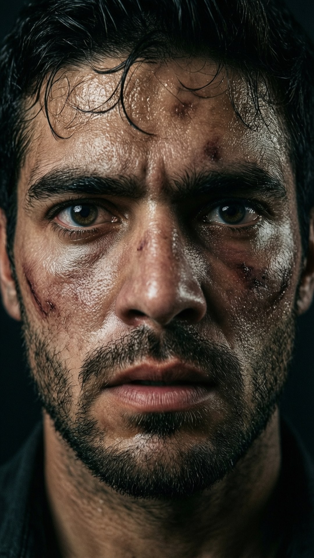 Intenst nærbildeportrett av Gilbert Melendez med kamparr og bestemte øyne.