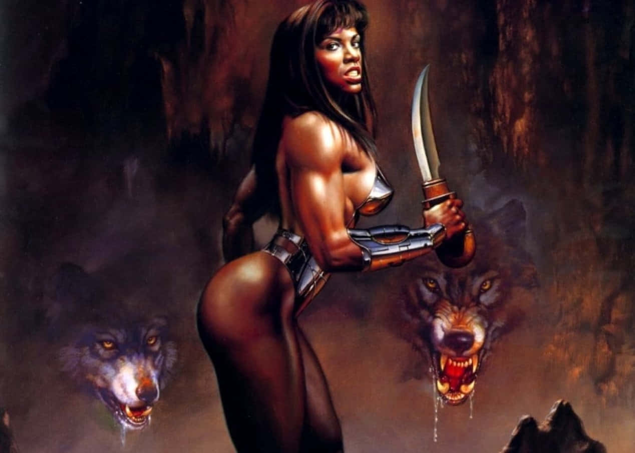 Warrior_ Woman_with_ Wolves_ Fantasy_ Art Wallpaper