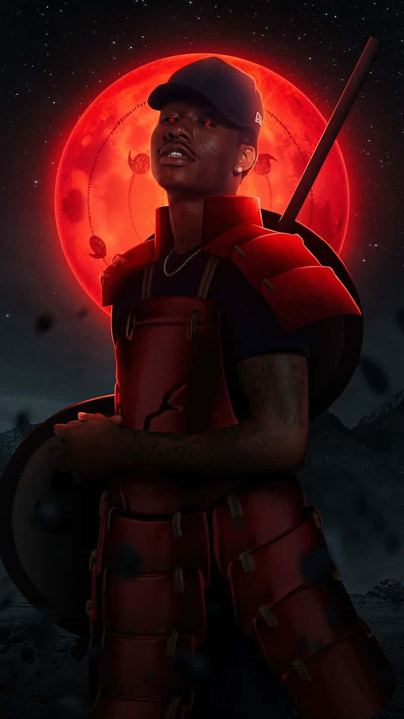 Warriorin Red Armor Under Red Moon Wallpaper