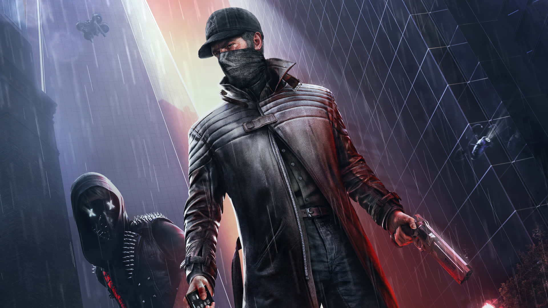 A Watch Dogs themed illustration of a man in a hoodie and mask with a city skyline behind him Wallpaper