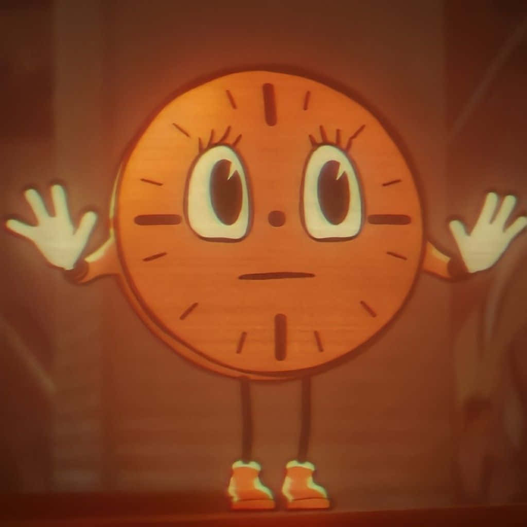 A Cartoon Clock With His Hands Up