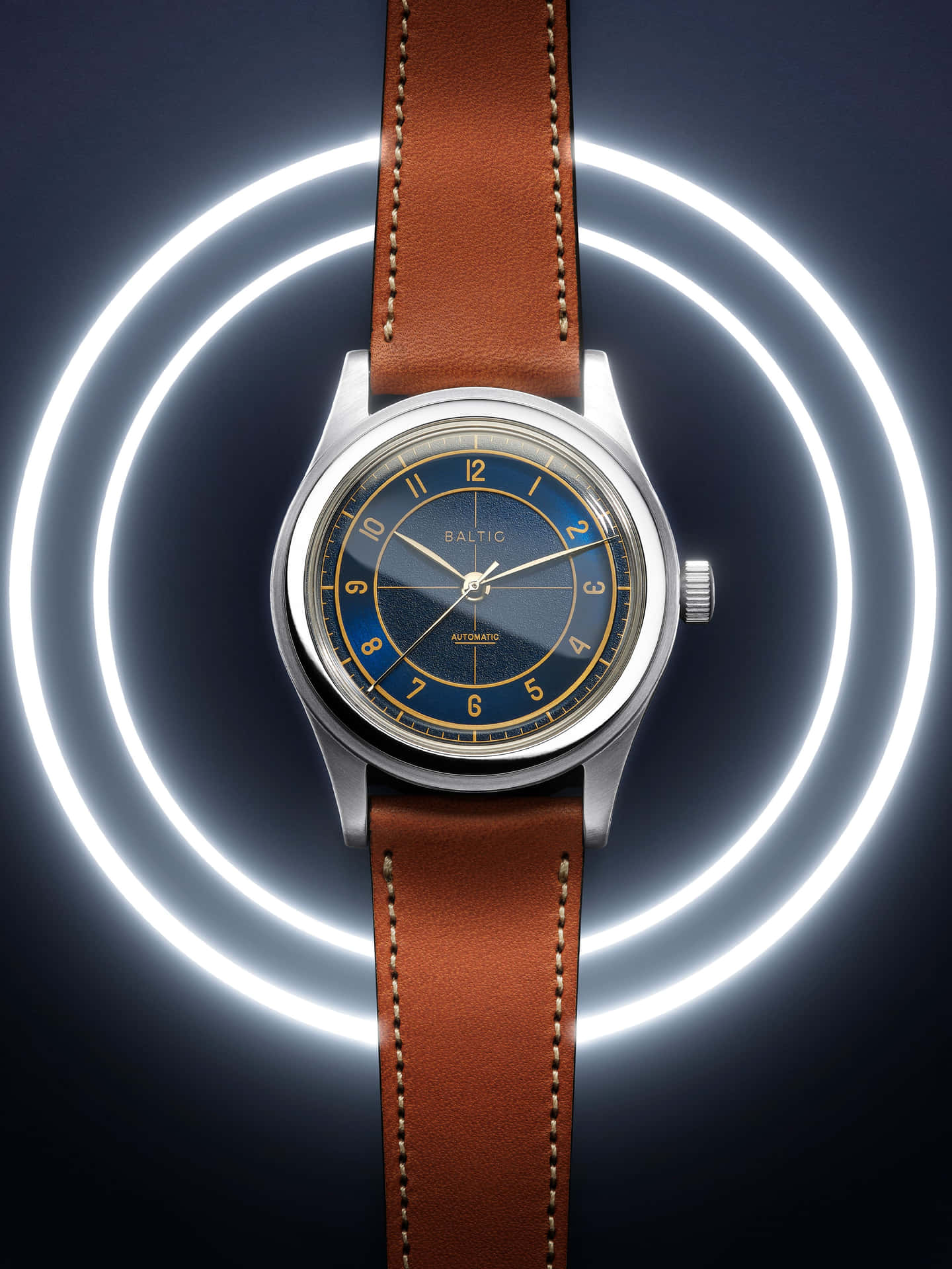 A Watch With A Blue Dial And Brown Strap