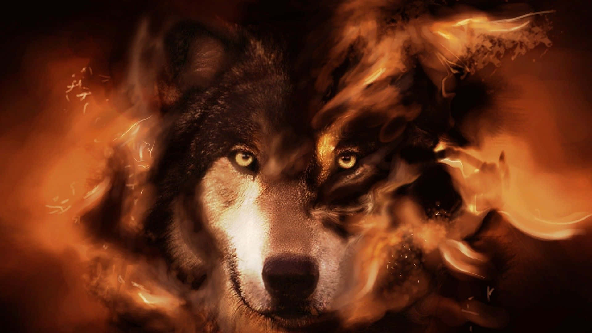 A majestic wolf standing atop a rocky outcropping, with a backdrop of flames and a river of water Wallpaper