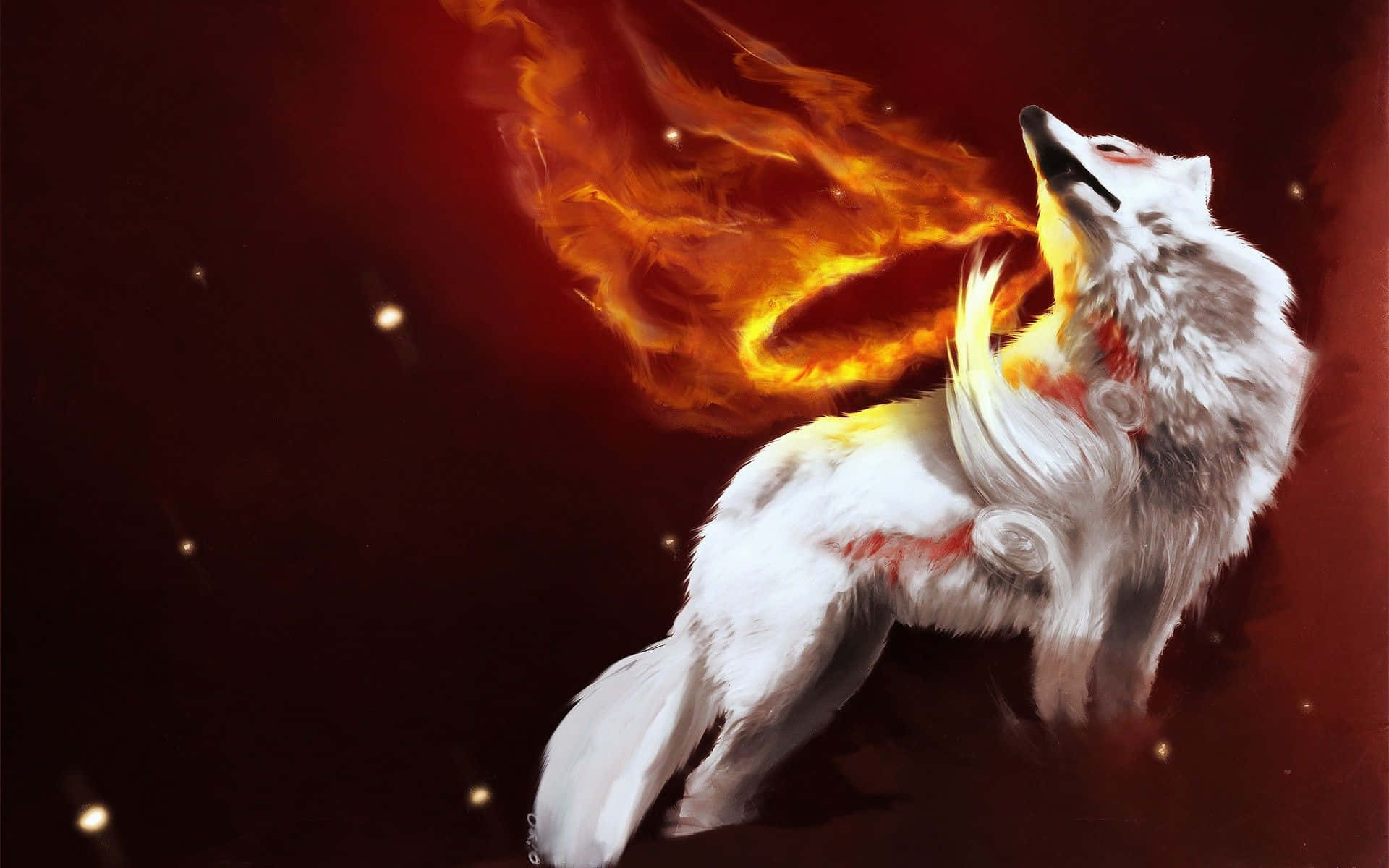 A fierce water and fire wolf stands powerfully in its domain. Wallpaper