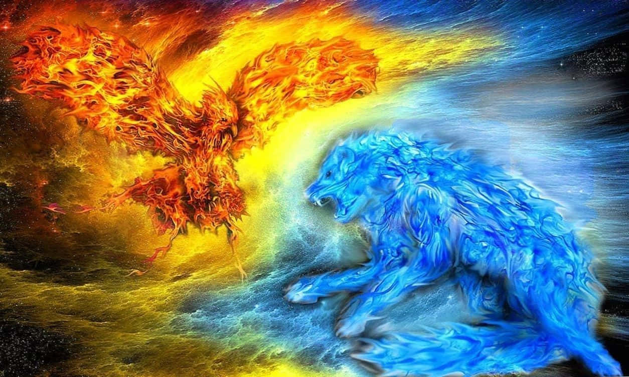 The Majestic Water And Fire Wolf Wallpaper