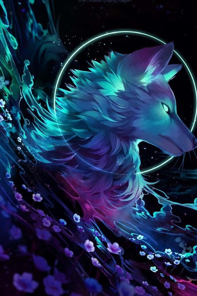 A fiery wolf stares into the raging waters Wallpaper