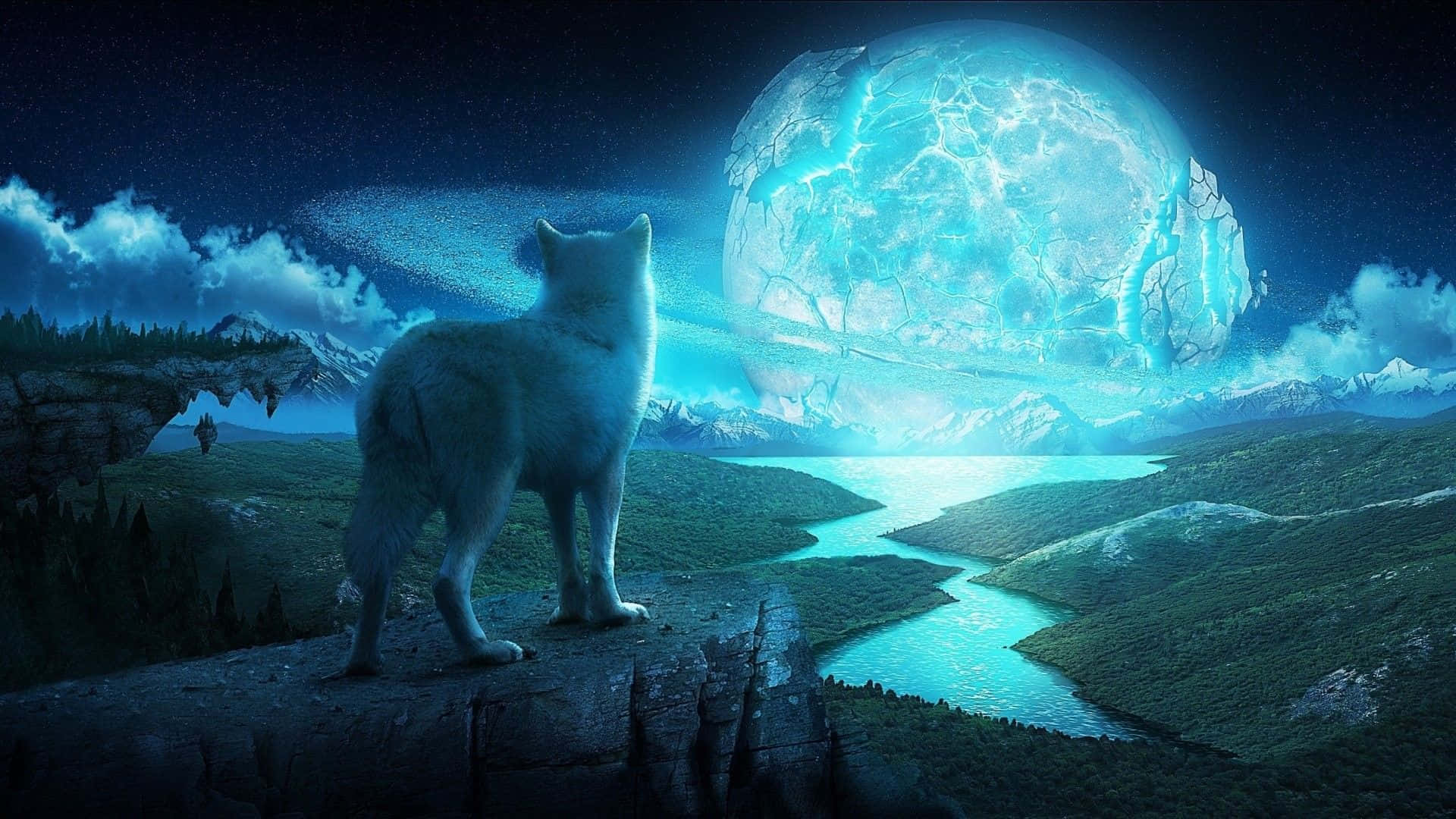 Einefaszinierende Vision Eines Wasser- Und Feuerwolfs Am Nächtlichen Himmel Wallpaper