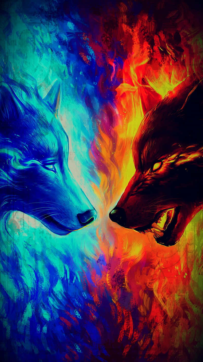 A portrait of a majestic wolf standing between a river of water and a raging fire Wallpaper