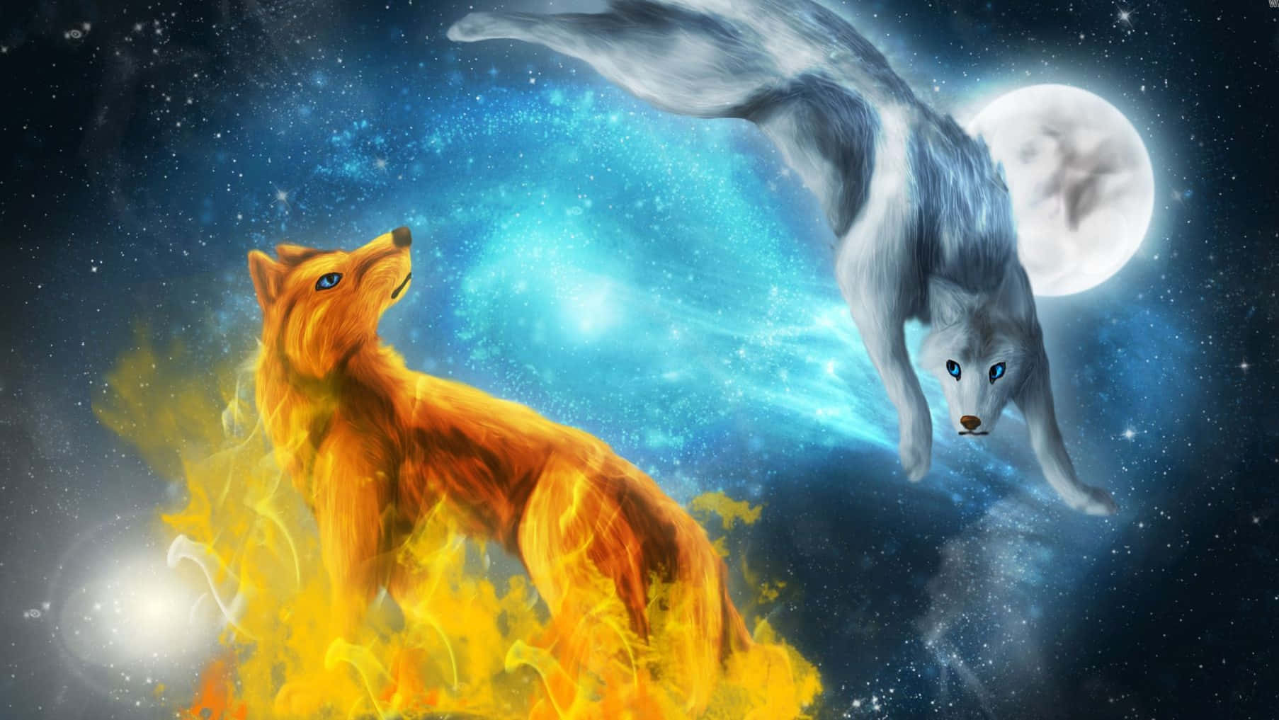 Einmächtiger Wolf, Der Elemente Von Wasser Und Feuer Vereint. Wallpaper