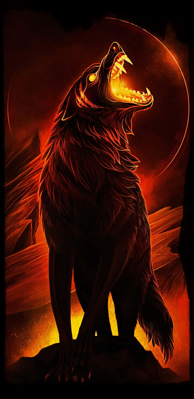 "A fiery wolf stalks the night sky among watery stars." Wallpaper