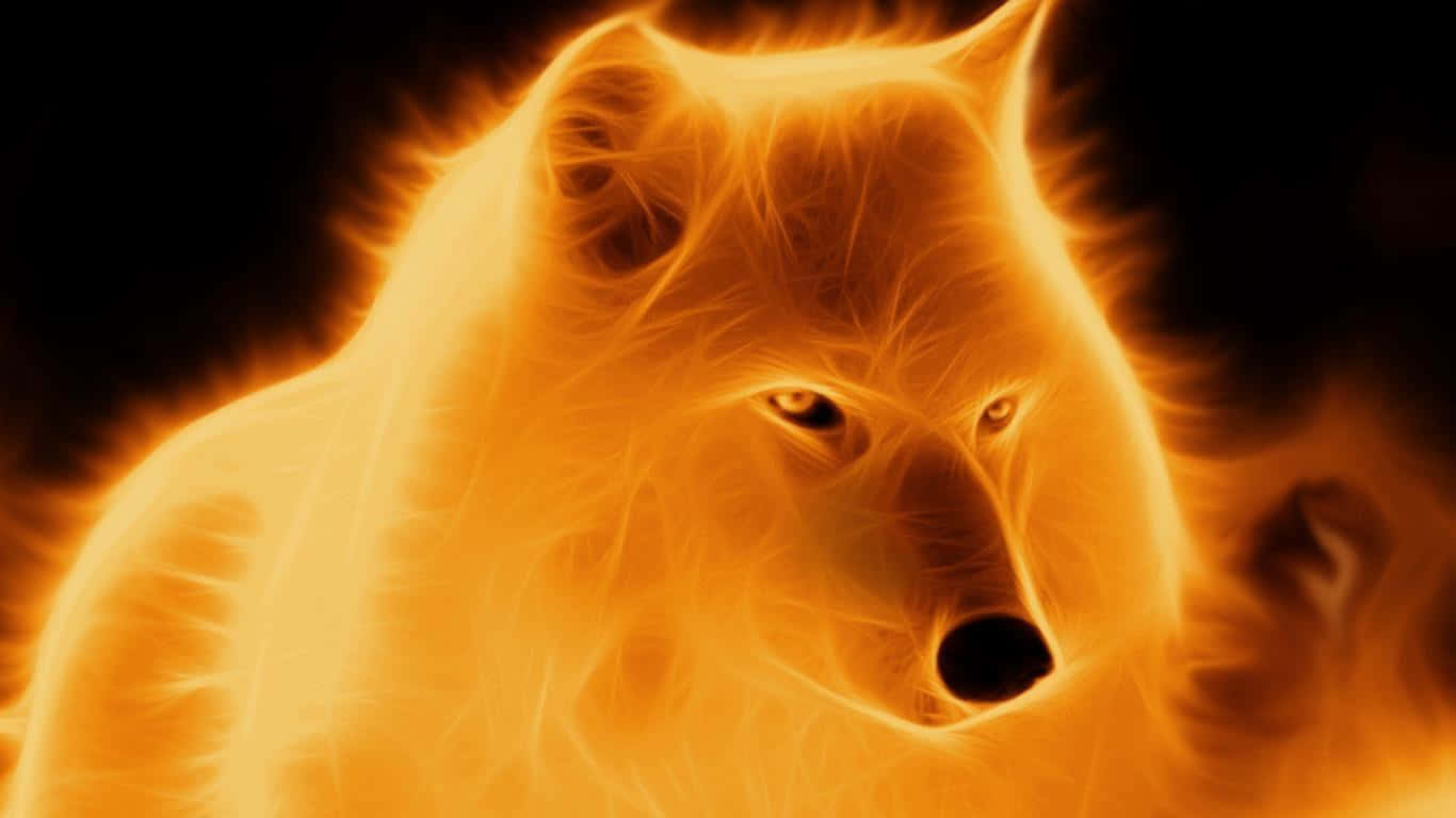 Sun sunk low in the sky as the wolf walked carefully on the border of water and fire Wallpaper