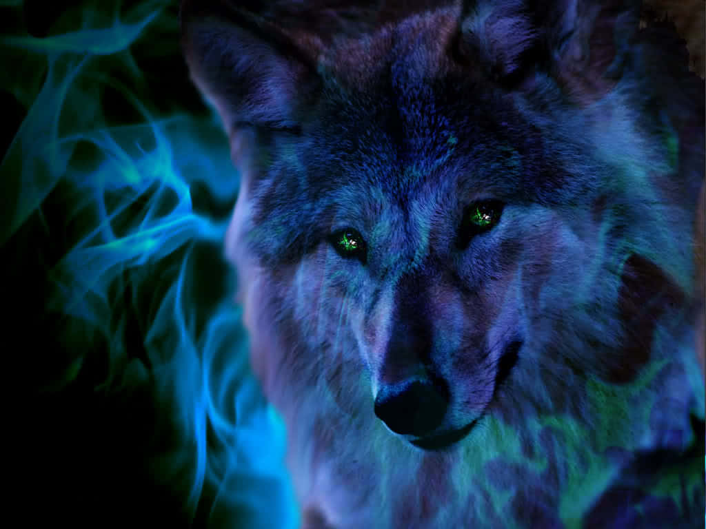A wolf stands between a raging river and raging fire, a powerful symbol of duality. Wallpaper