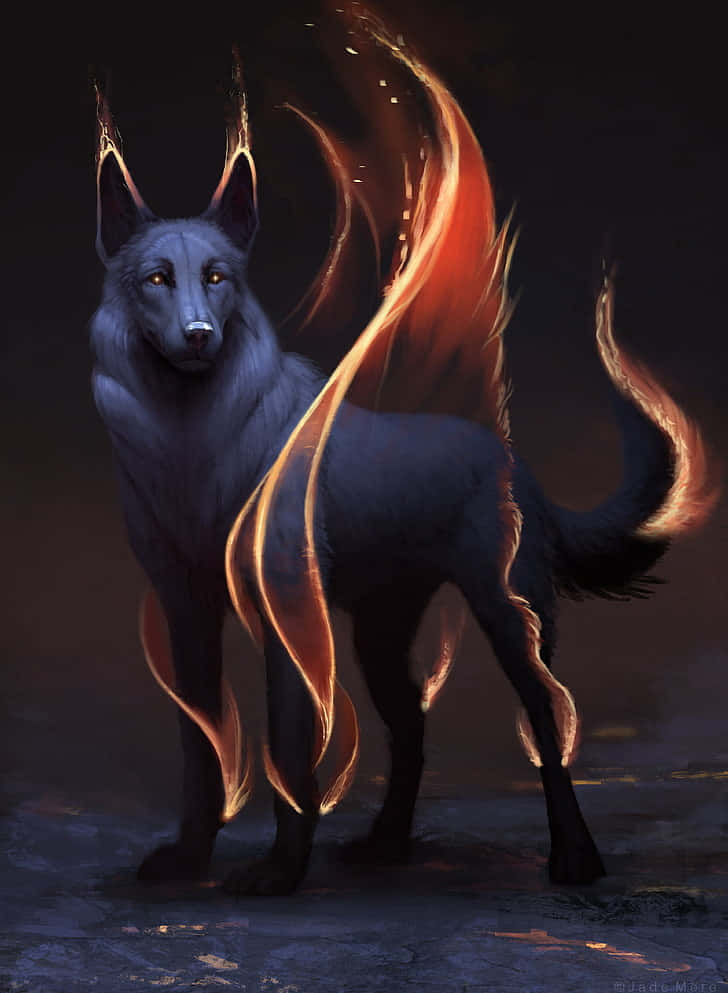 Kraften i to elementer - Vand og Ild - der udtrykkes i en enkelt ulv. Wallpaper