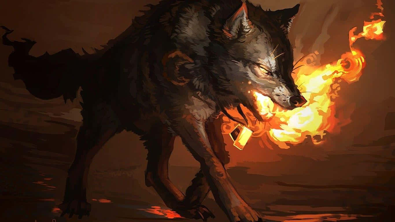 Unmajestuoso Lobo Se Encuentra Entre Los Poderes Del Agua Y El Fuego. Fondo de pantalla