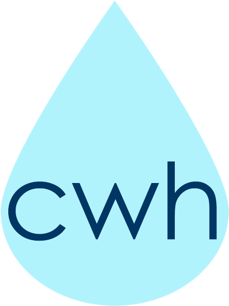 Water Drop Logo Design PNG — A light blue water droplet logo with dark blue cwh text inside.