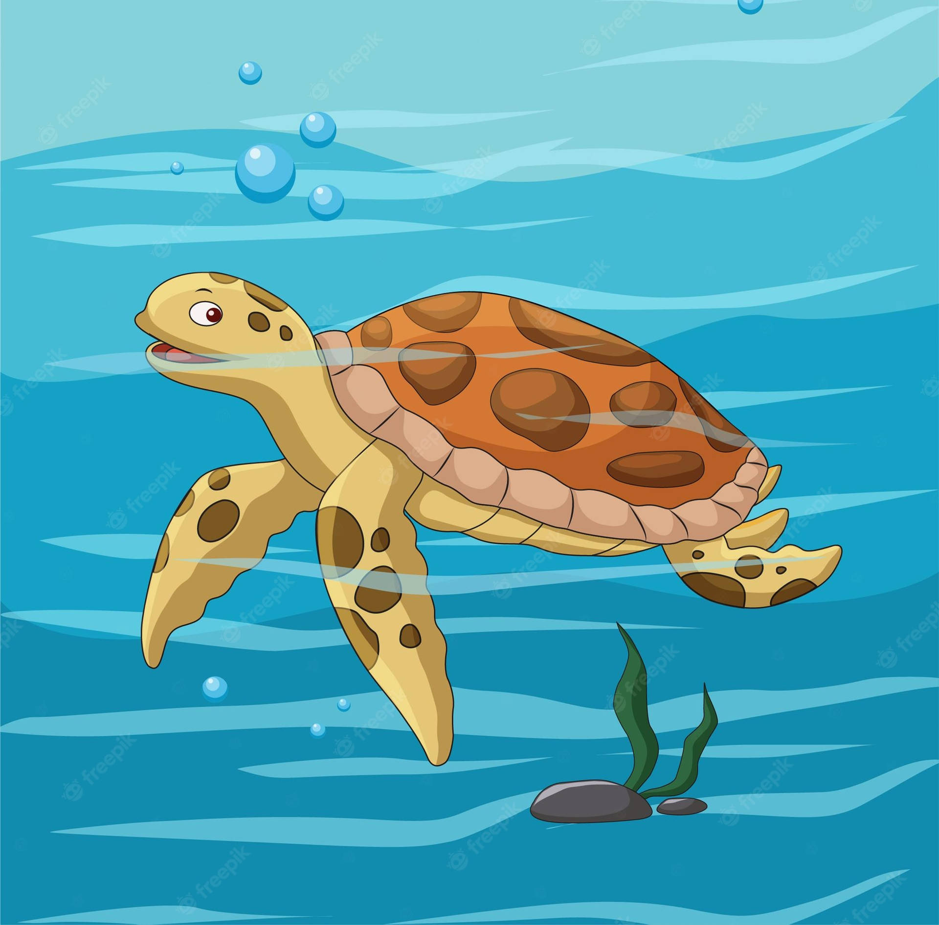 Vand Turtle Ocean Svømme Cartoon Kunst Print Tapet Wallpaper