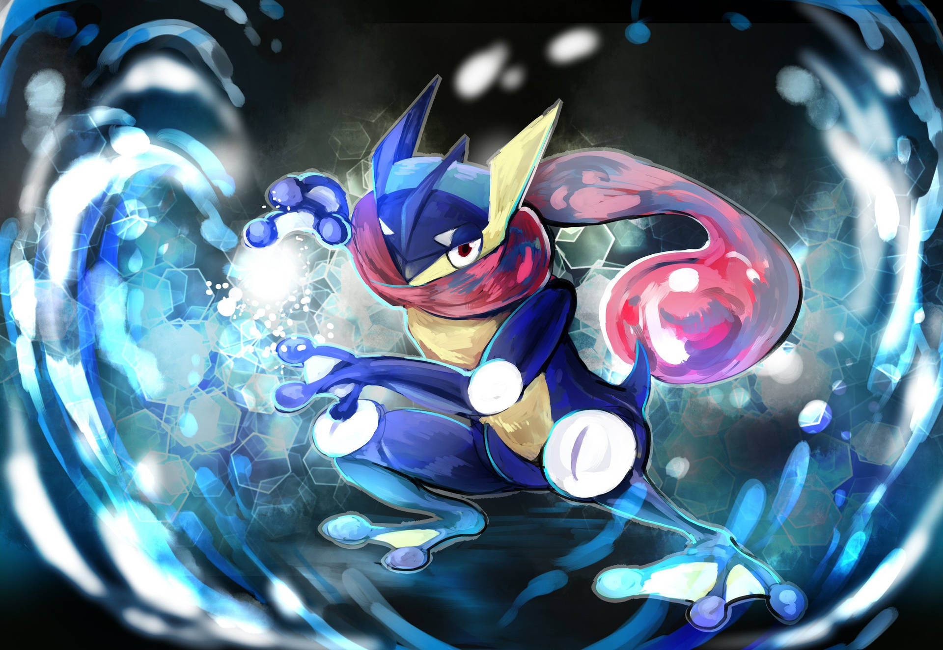 A swift Greninja leaps from the waters. Wallpaper