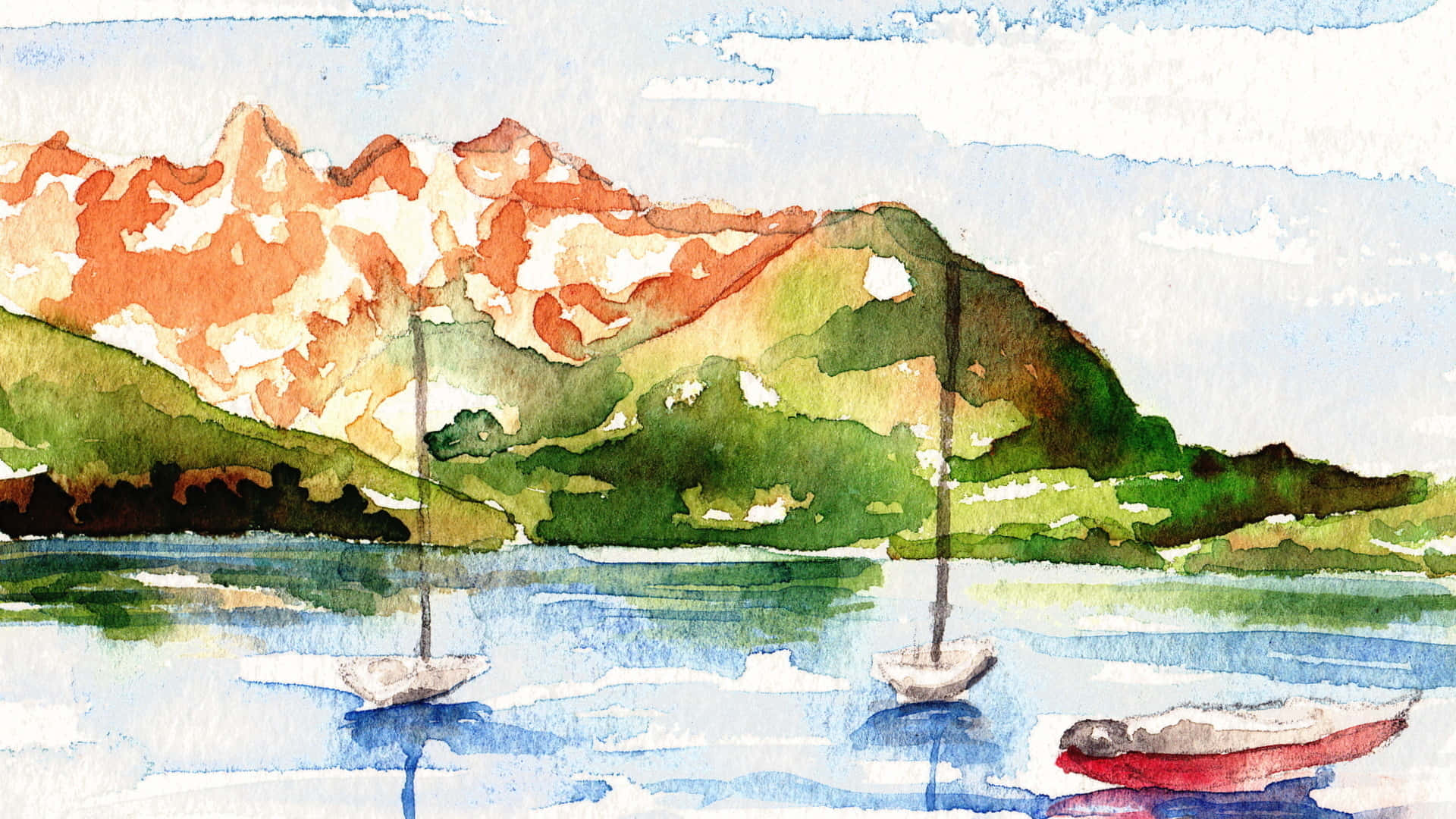 a watercolor painting of a lake