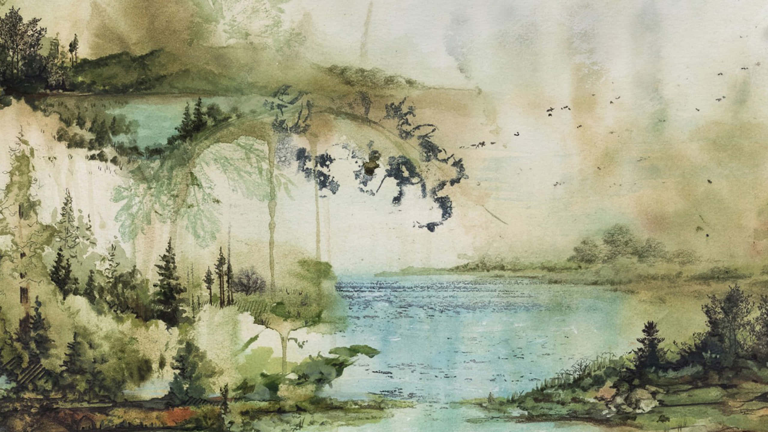 a watercolor painting of a lake with trees and birds
