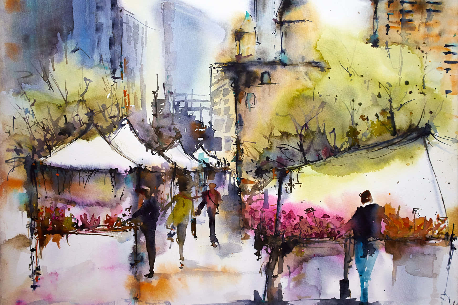 watercolor painting of people walking in a market