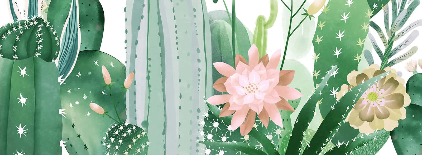 Watercolor Cactus Garden Panorama Wallpaper