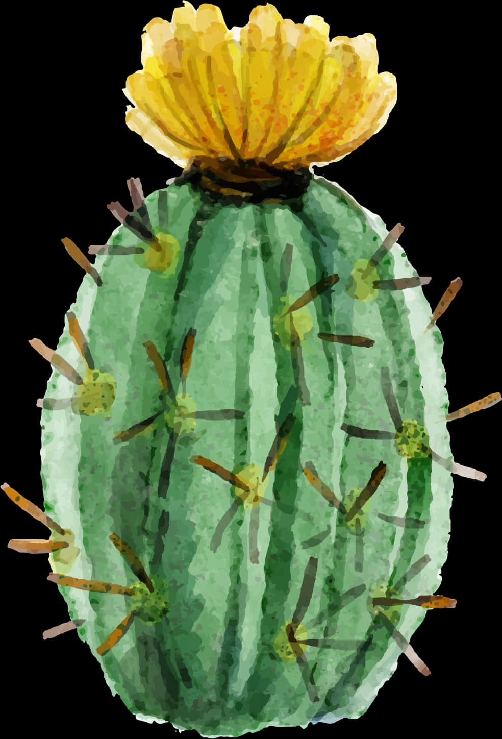 Watercolor Cactuswith Yellow Flower PNG