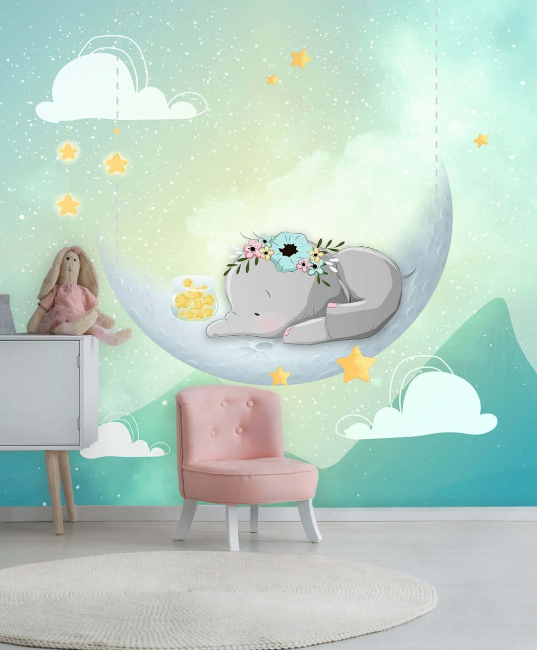Muraleda Parete Con Elefante Carino Dipinto Ad Acquarello Con La Luna. Sfondo