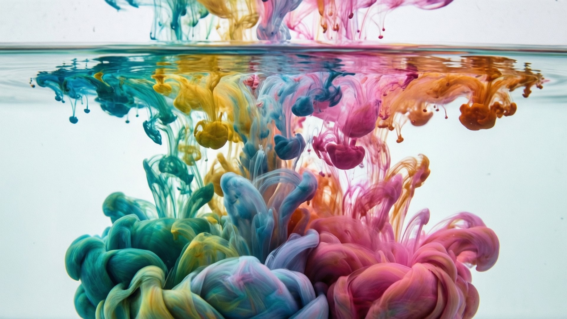 Uno sfondo astratto di gocce di vernice acquarello che si diffondono nell'acqua con morbidi colori pastello.