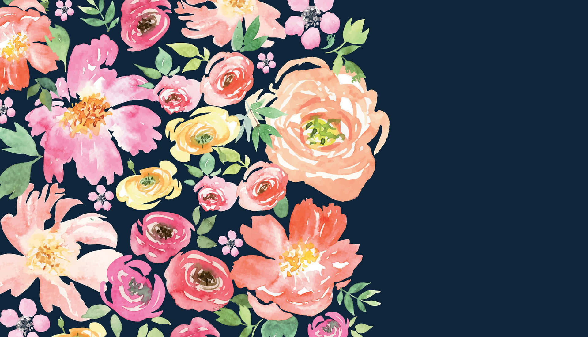 Eineaquarellblumen-bordüre Auf Einem Marineblauen Hintergrund Wallpaper