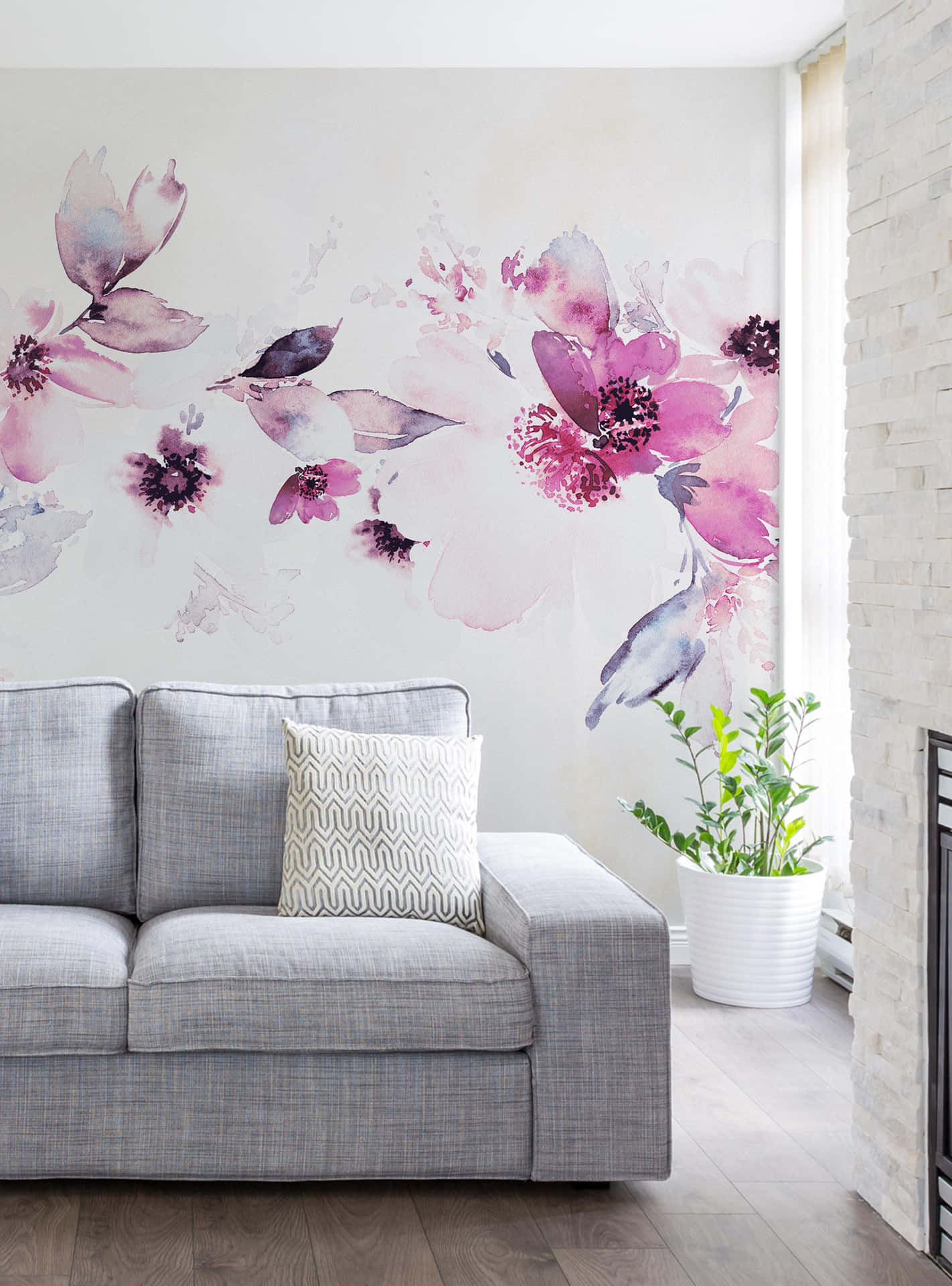 Lavender Watercolor Floral With White Sofa Wallpaper