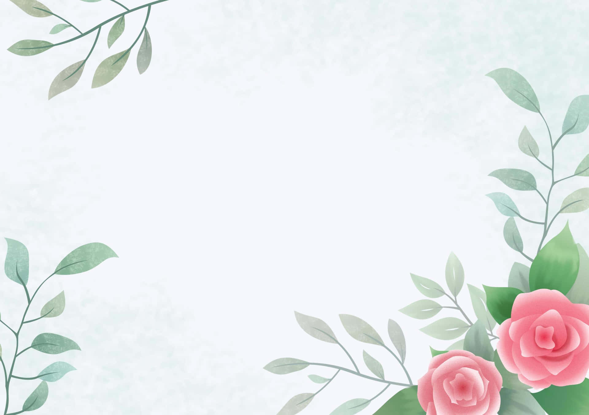 A Watercolor Background With Pink Roses And Green Leaves Wallpaper