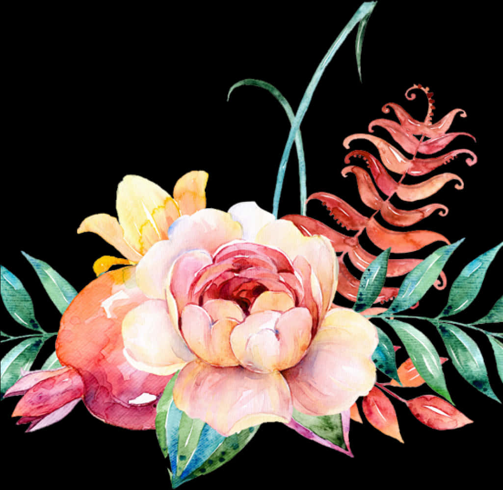 Watercolor Floral Arrangement Black Background PNG