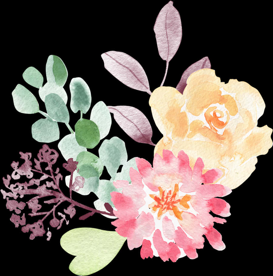 Watercolor Floral Arrangement Black Background PNG