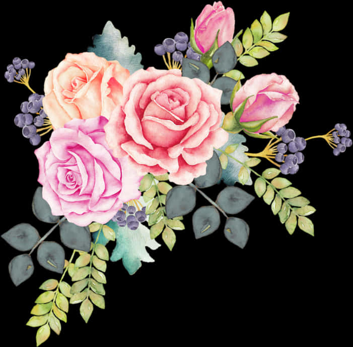 Watercolor Floral Arrangement Roses Berries PNG