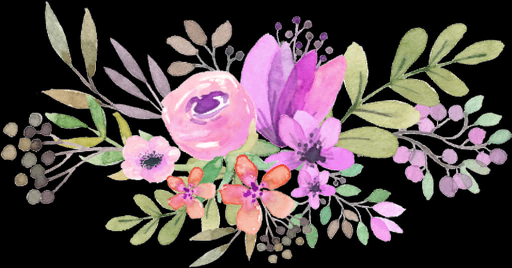 Watercolor Floral Arrangement_ Black Background.jpg PNG