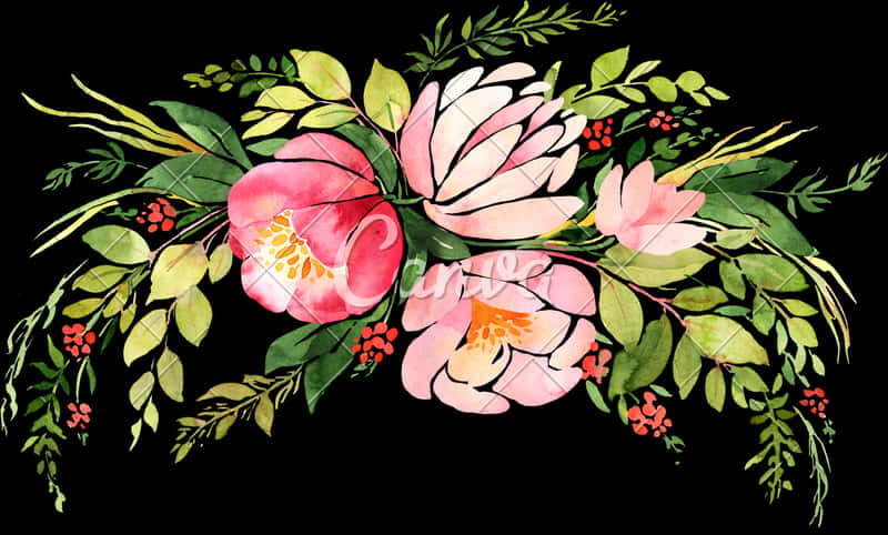 Watercolor Floral Arrangementon Black Background PNG