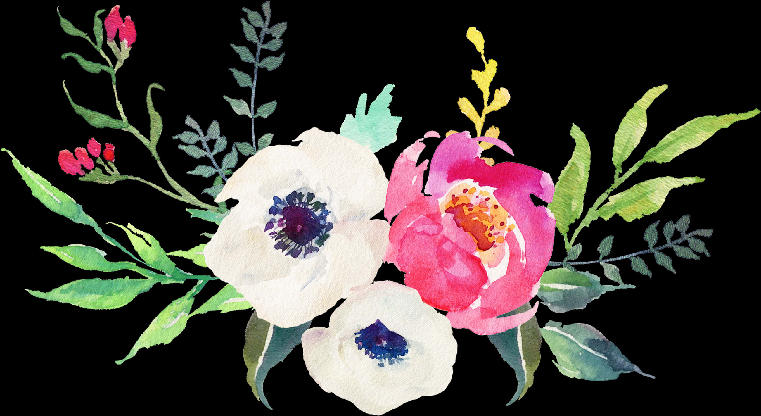 Watercolor Floral Arrangementon Black Background PNG