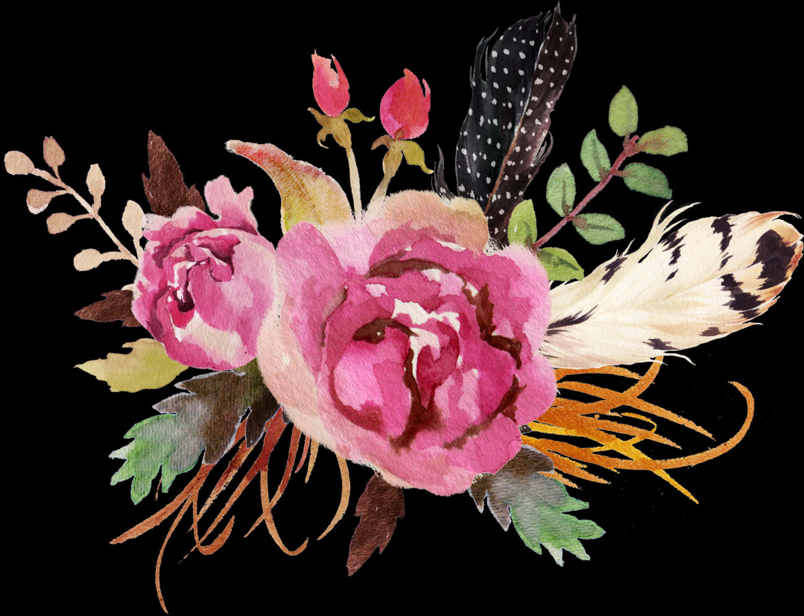 Watercolor Floral Arrangementwith Feathers PNG