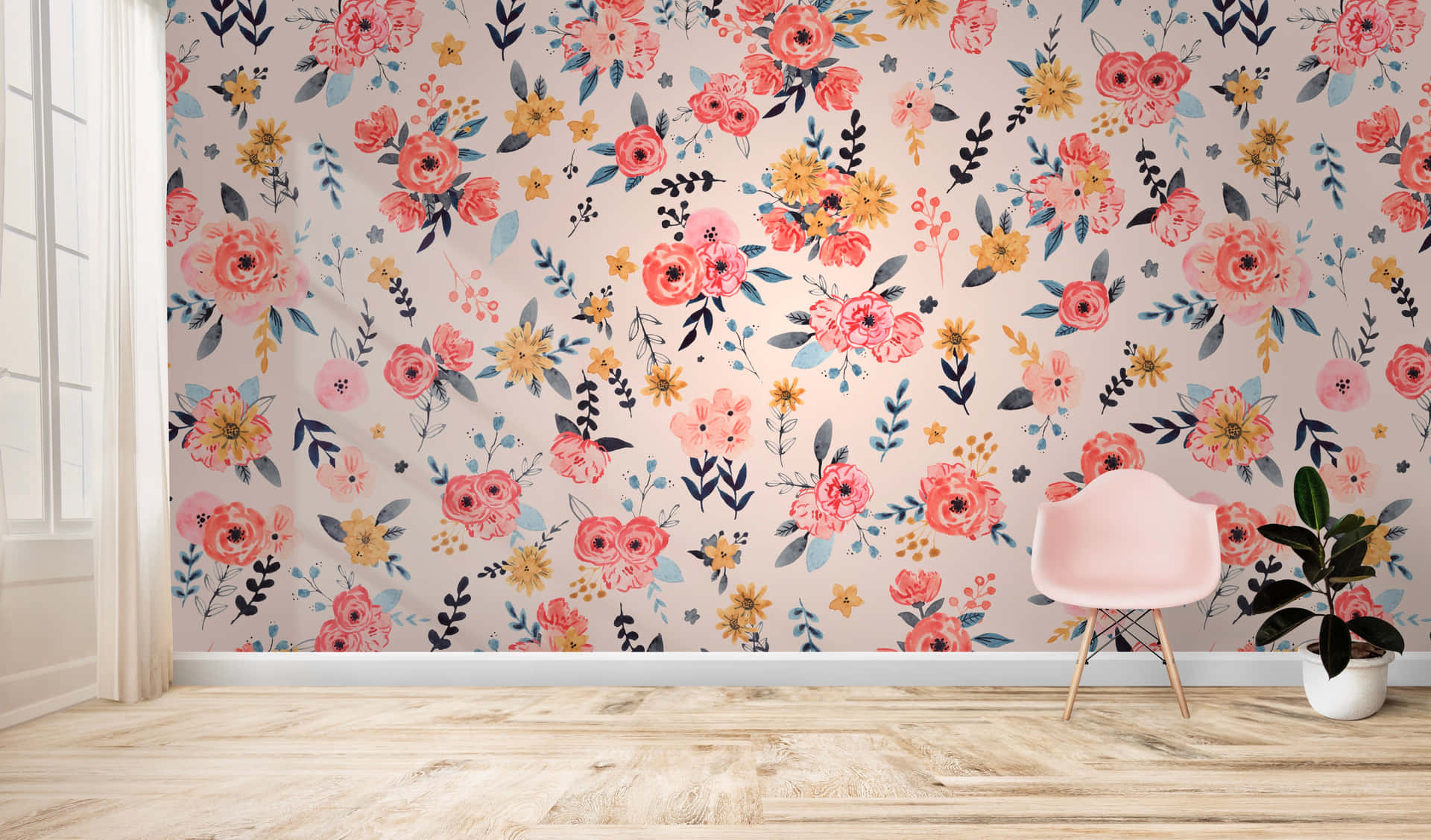 Watercolor Floral In A Living Room Wallpaper