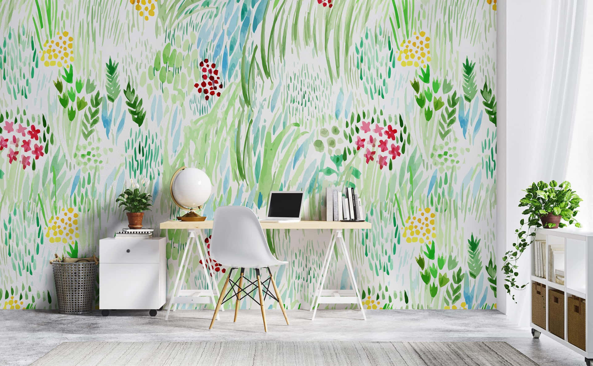 Green Watercolor Floral Living Room Wallpaper