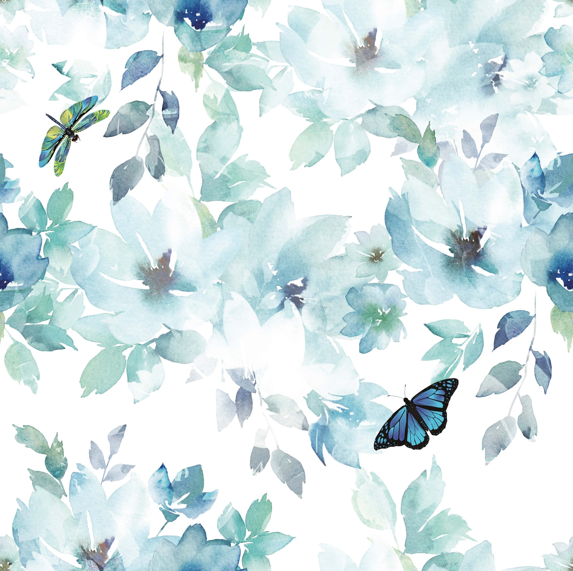 Blå blomster med sommerfugle på et hvidt baggrund Wallpaper
