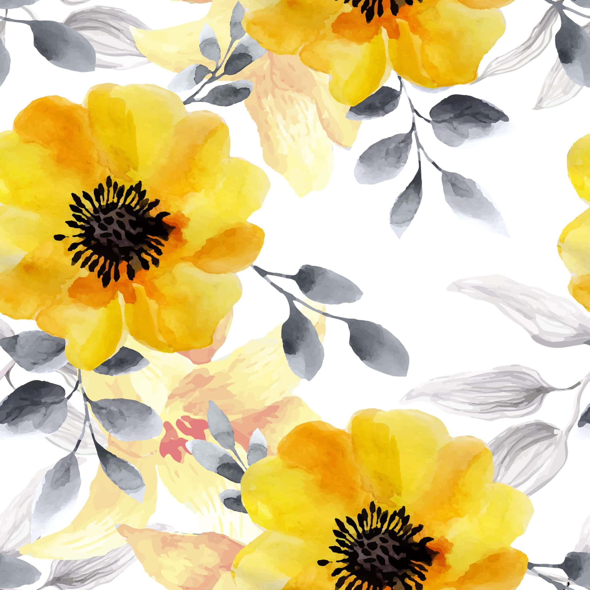 Black And Yellow Watercolor Floral Patterns Wallpaper