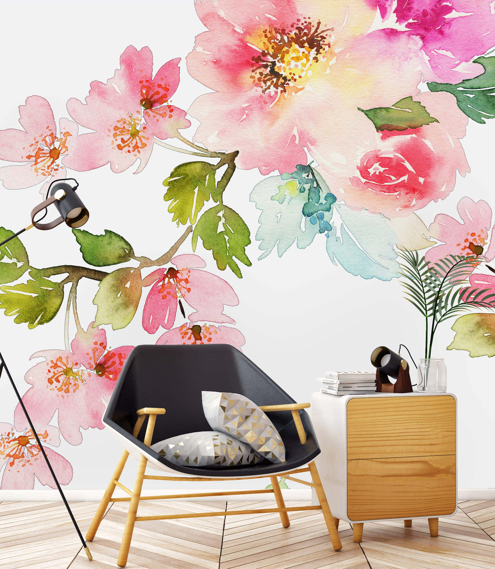 Watercolor Floral With A Black Chair Wallpaper
