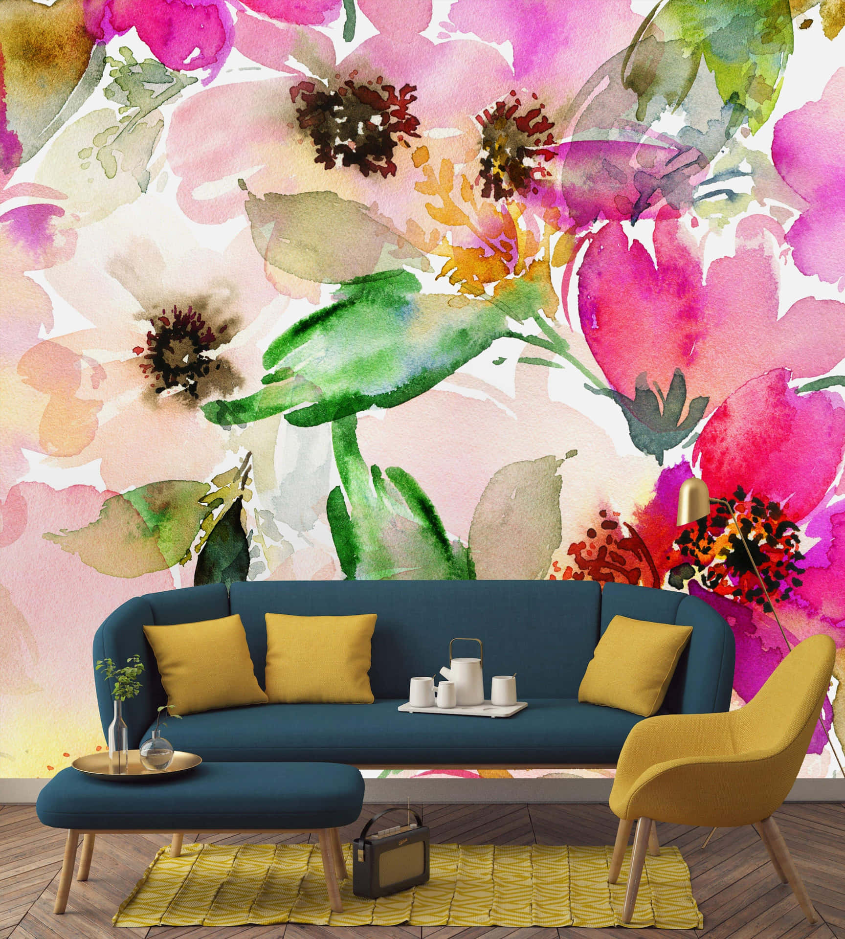 Watercolor Floral With Dark Green Couch Wallpaper