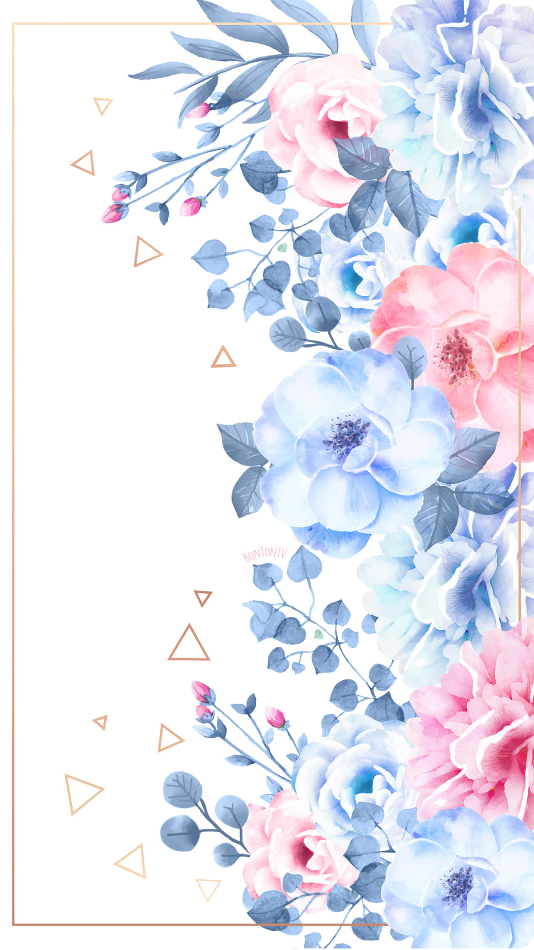 Watercolor Floral Frame With Blue And Pink Flowers
