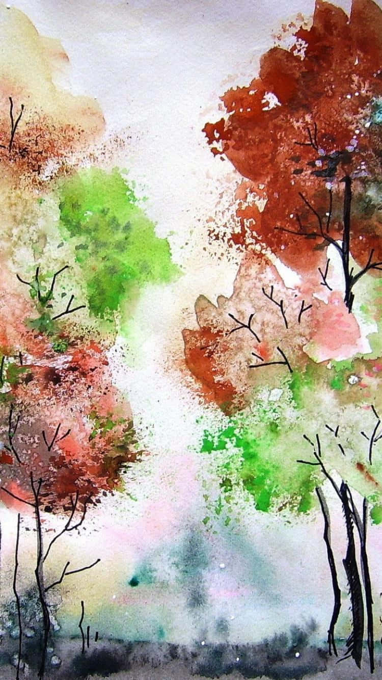 A Watercolor Painting Of Trees In Autumn Colors Wallpaper