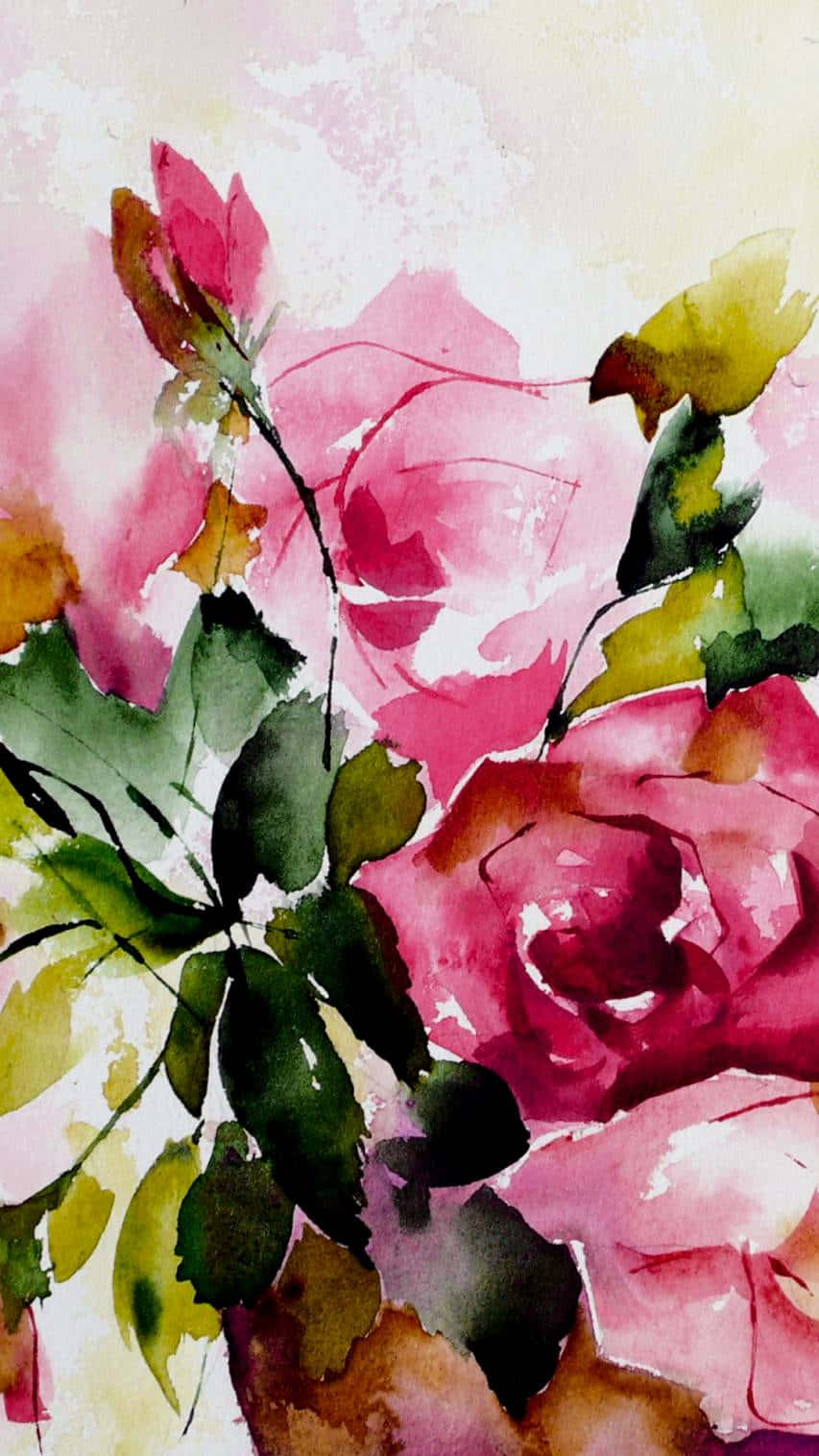 A Watercolor Painting Of Pink Roses In A Vase Wallpaper