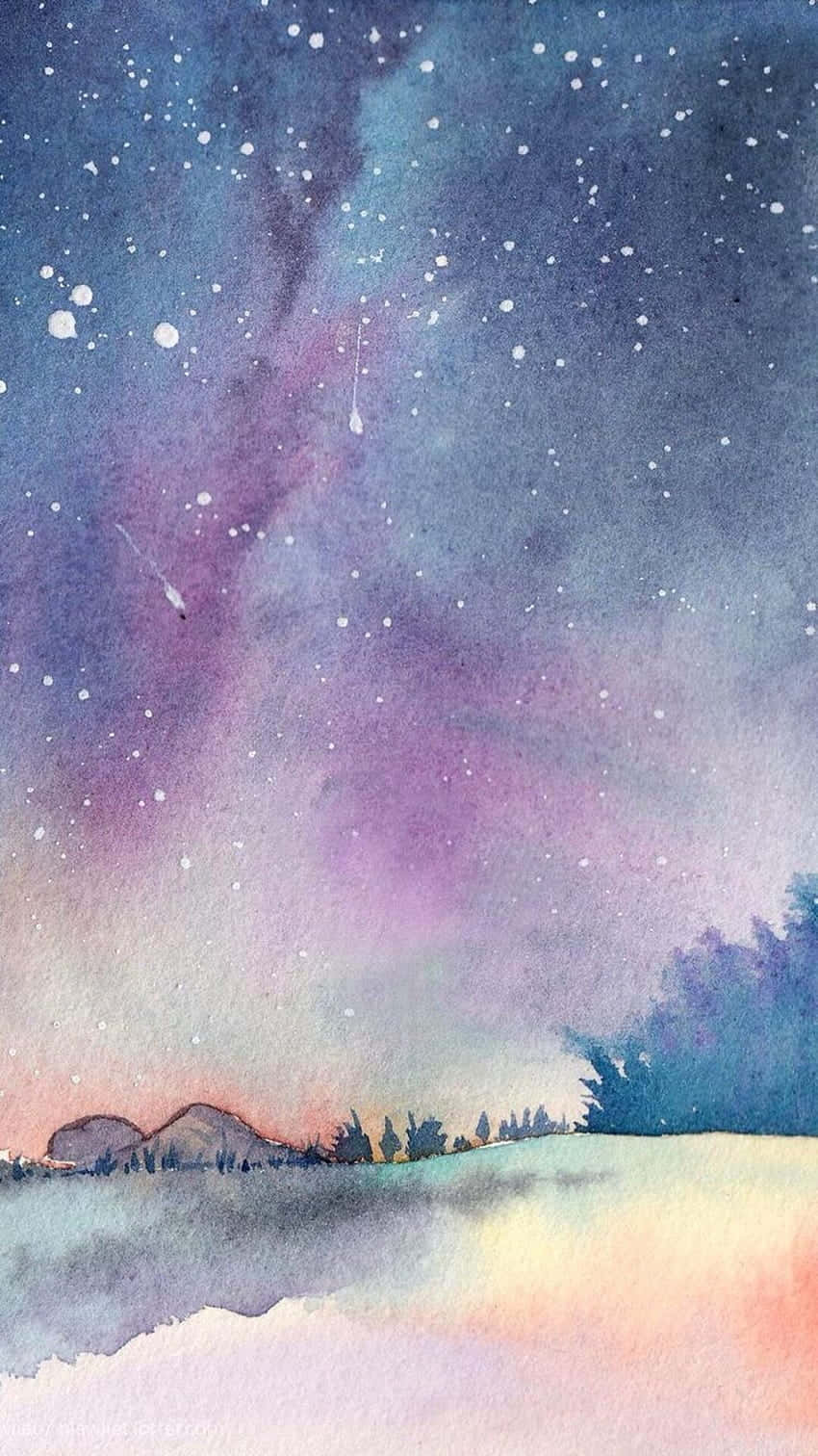 Et akvarelmaleri af en nattehimmel med stjerner der blinker ovenover Wallpaper